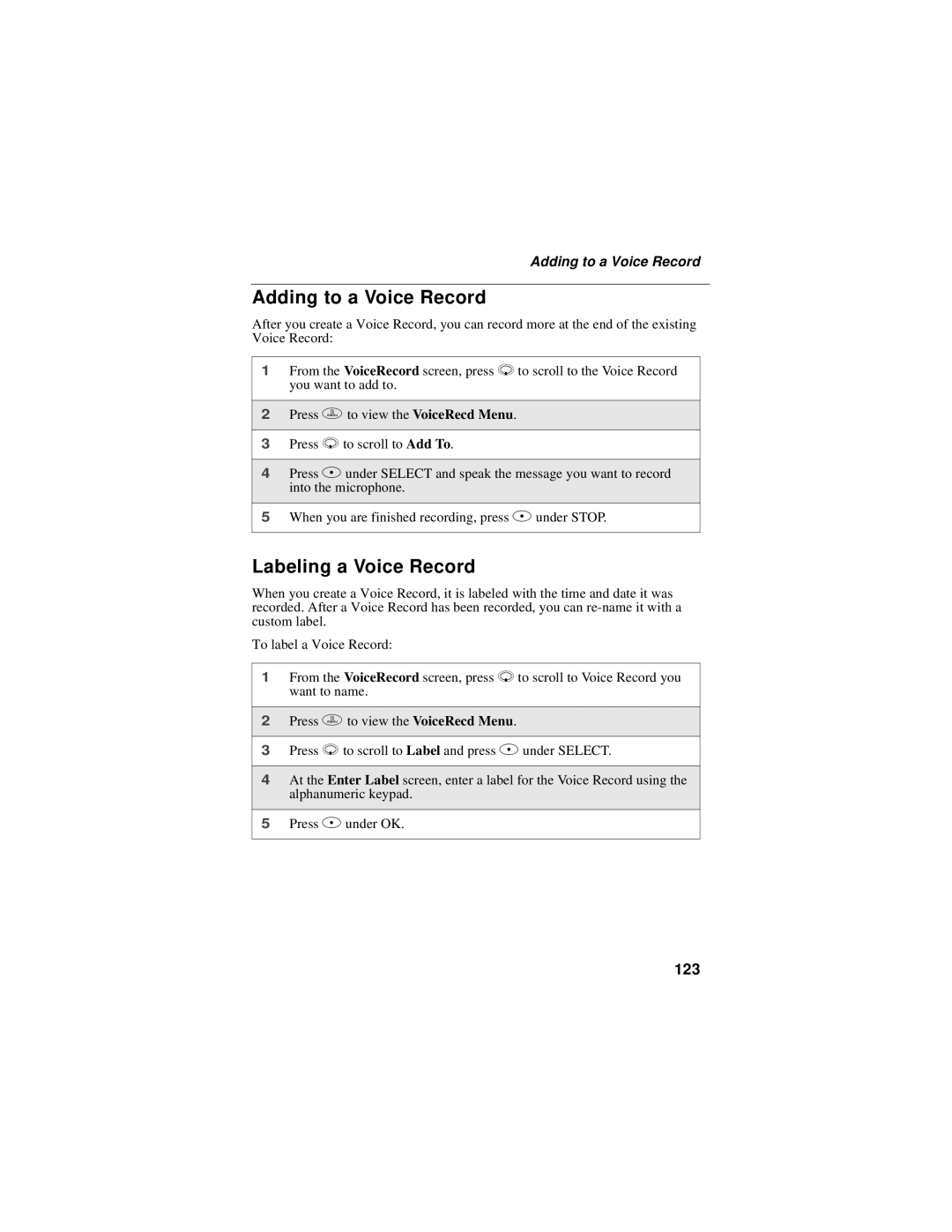 Motorola i58sr manual Adding to a Voice Record, Labeling a Voice Record, 123 