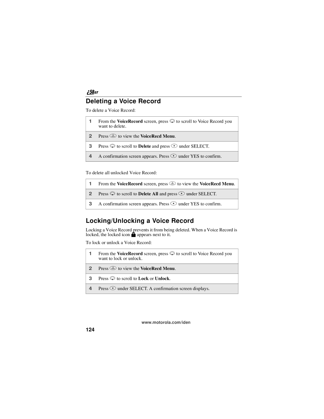 Motorola i58sr manual Deleting a Voice Record, Locking/Unlocking a Voice Record, 124 