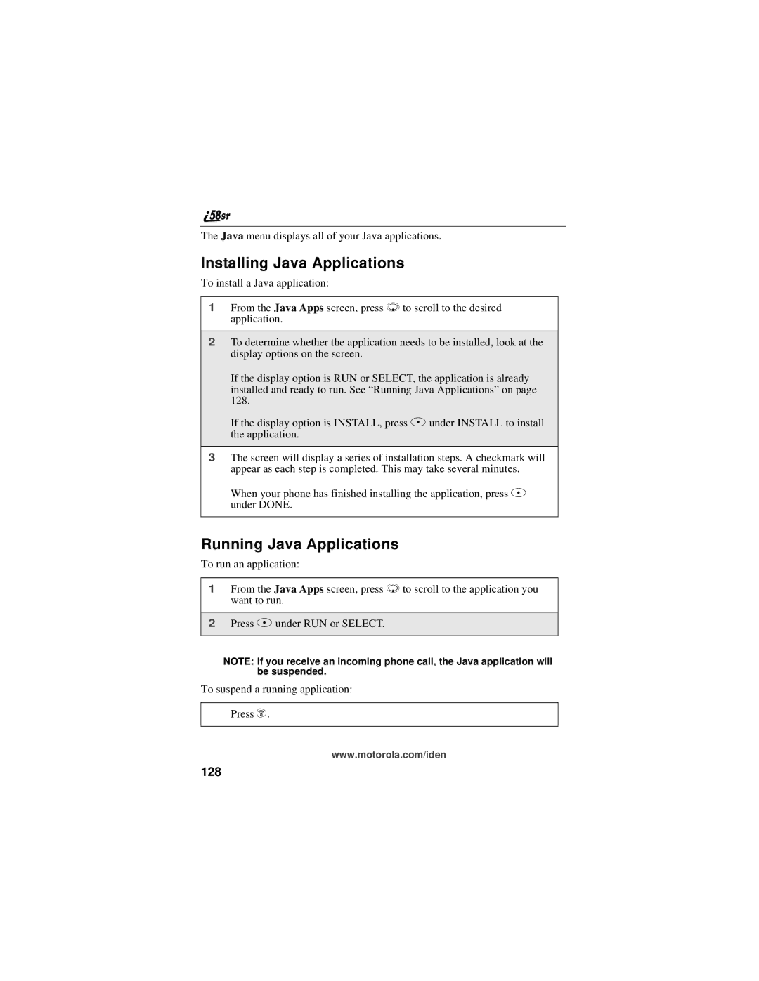 Motorola i58sr manual Installing Java Applications, Running Java Applications, 128 