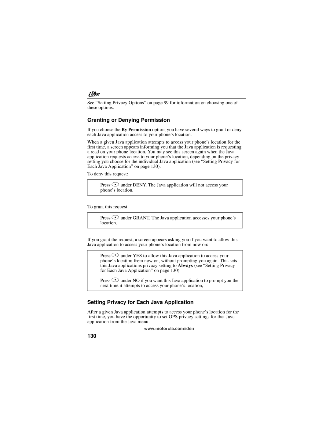 Motorola i58sr manual Granting or Denying Permission, Setting Privacy for Each Java Application, 130 