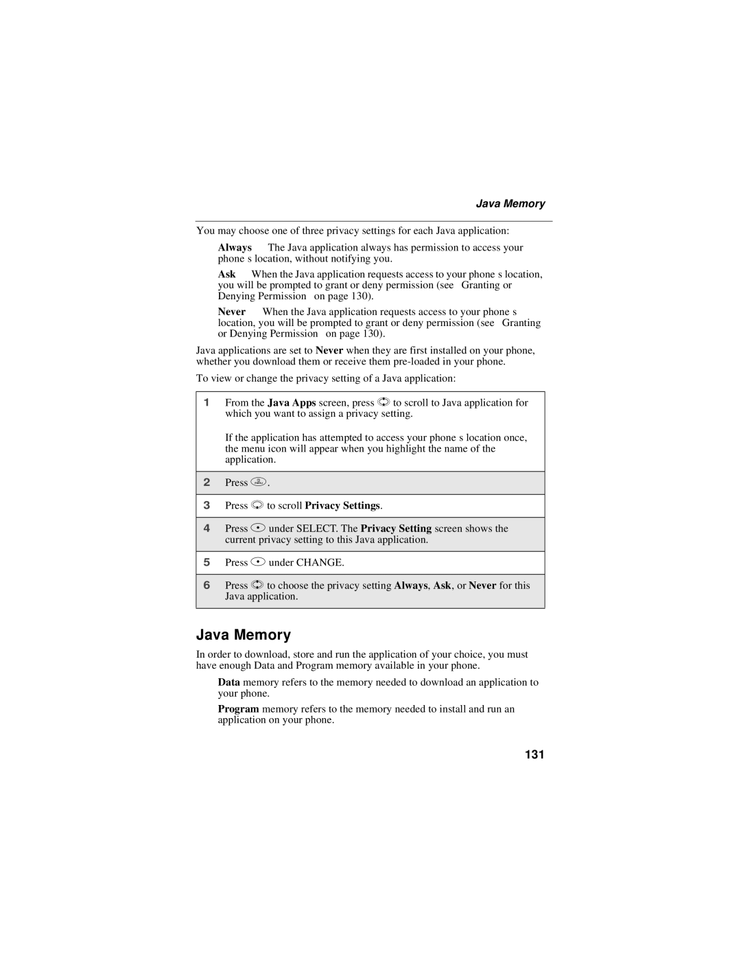 Motorola i58sr manual Java Memory, 131 