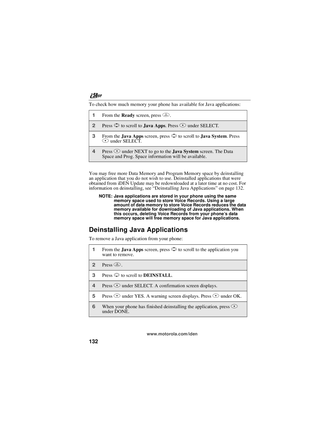 Motorola i58sr manual Deinstalling Java Applications, 132 