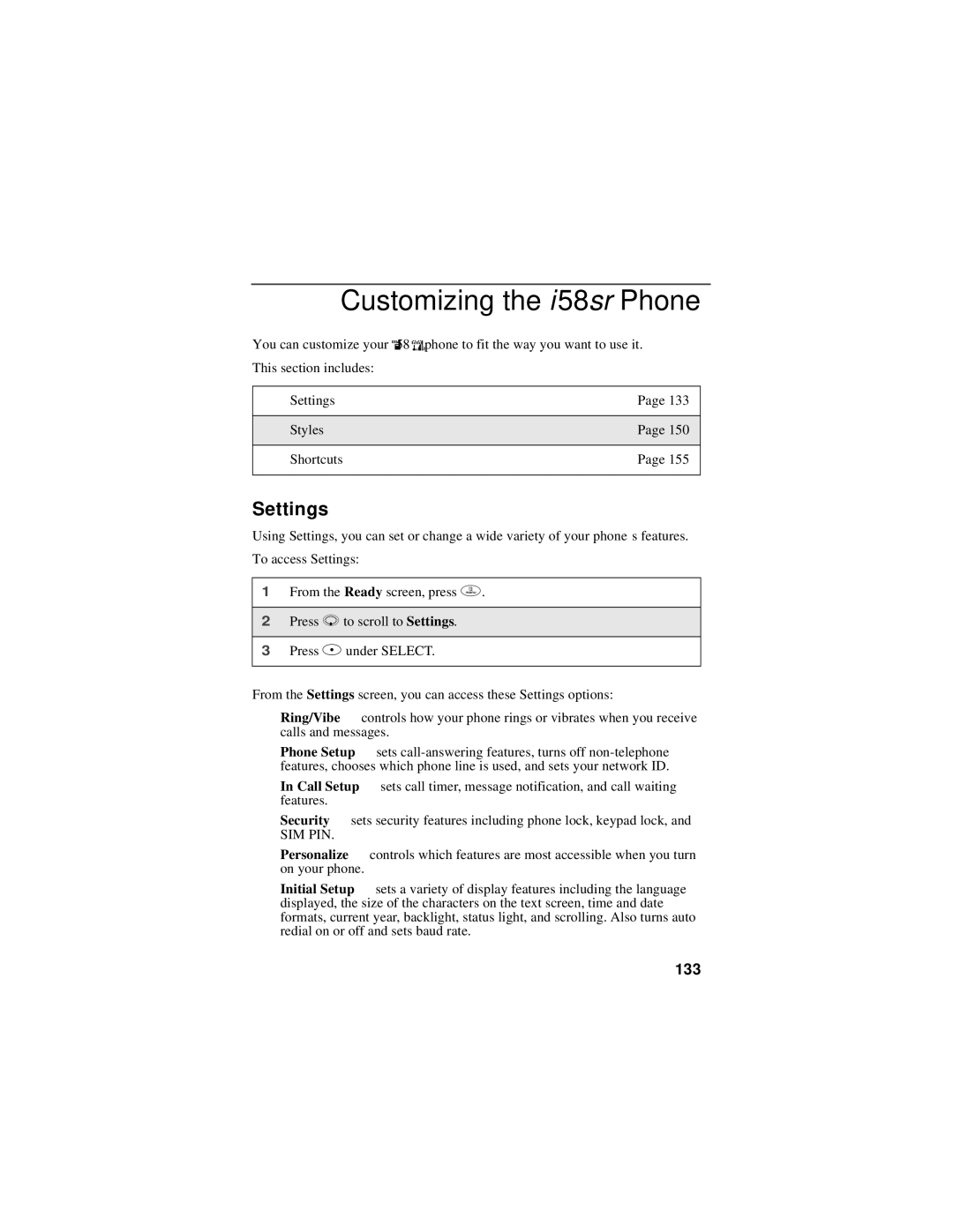 Motorola manual Customizing the i58sr Phone, Settings, 133 