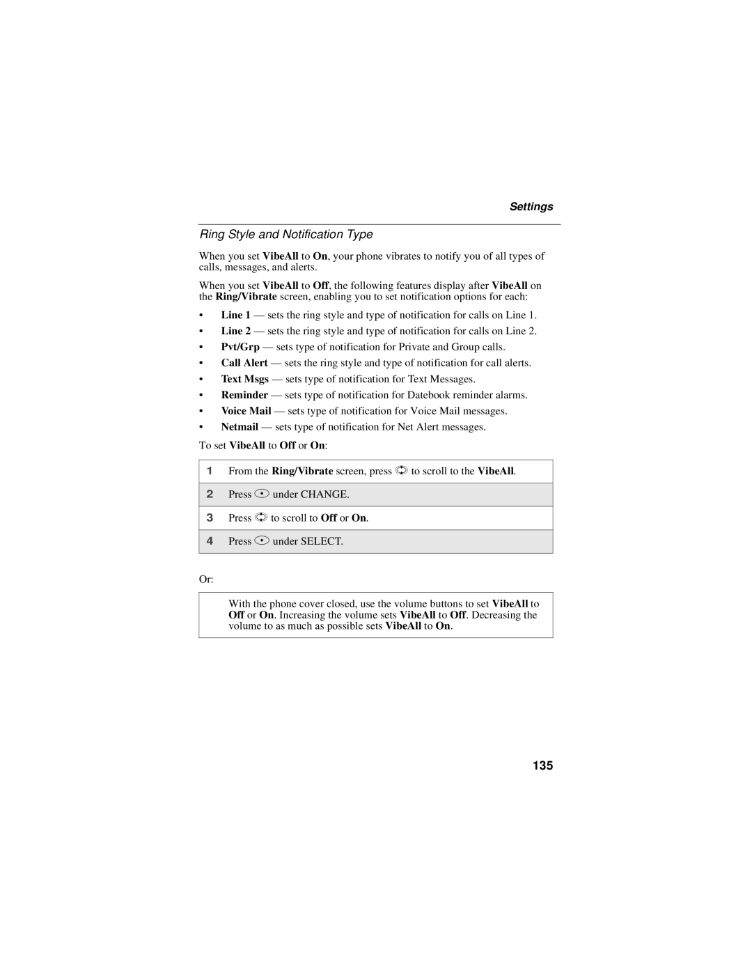 Motorola i58sr manual Ring Style and Notification Type, 135, Settings 