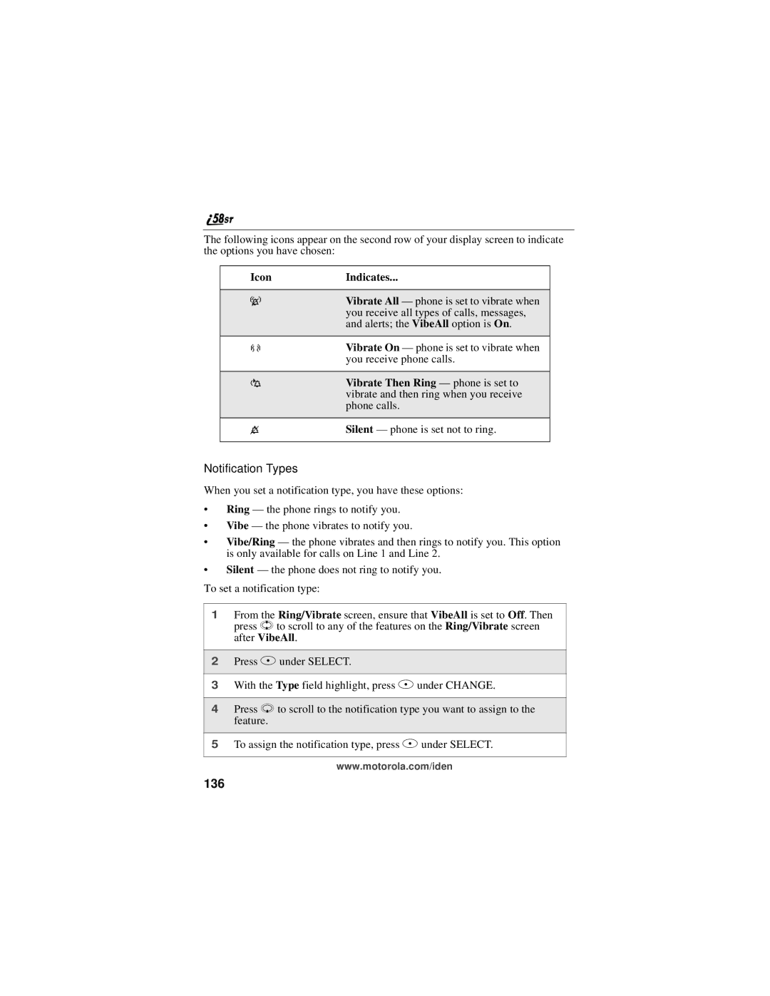 Motorola i58sr manual 136, Vibrate Then Ring phone is set to 