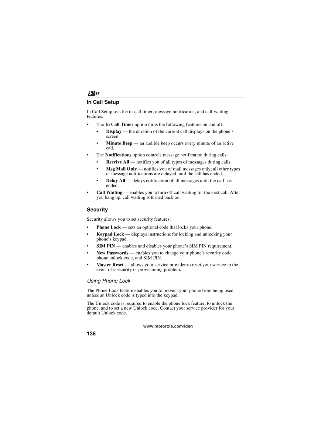 Motorola i58sr manual Call Setup, Security, Using Phone Lock, 138 