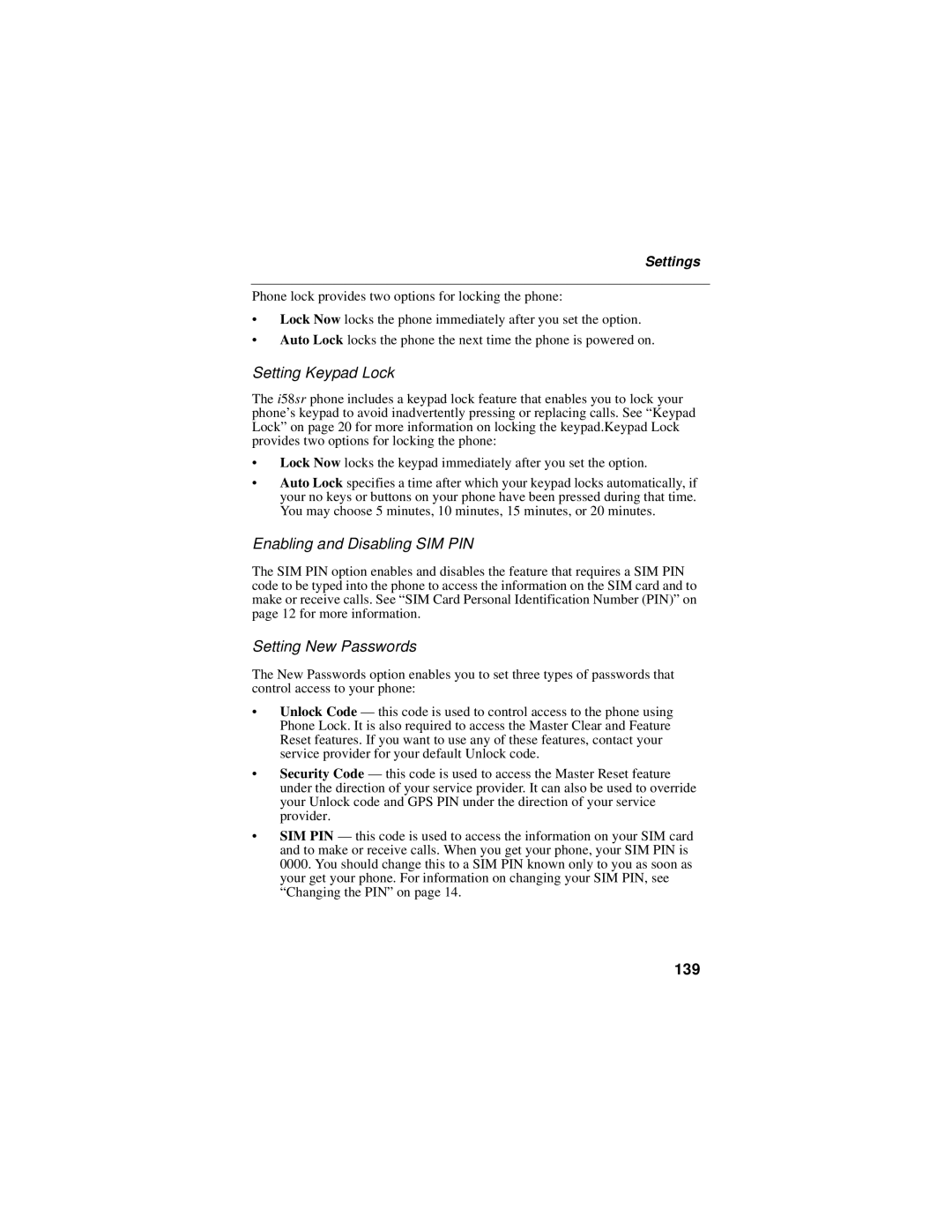 Motorola i58sr manual Setting Keypad Lock, Enabling and Disabling SIM PIN, Setting New Passwords, 139 