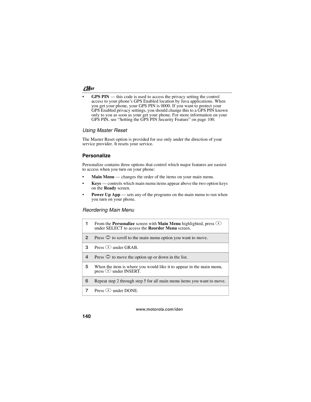 Motorola i58sr manual Using Master Reset, Personalize, Reordering Main Menu, 140 