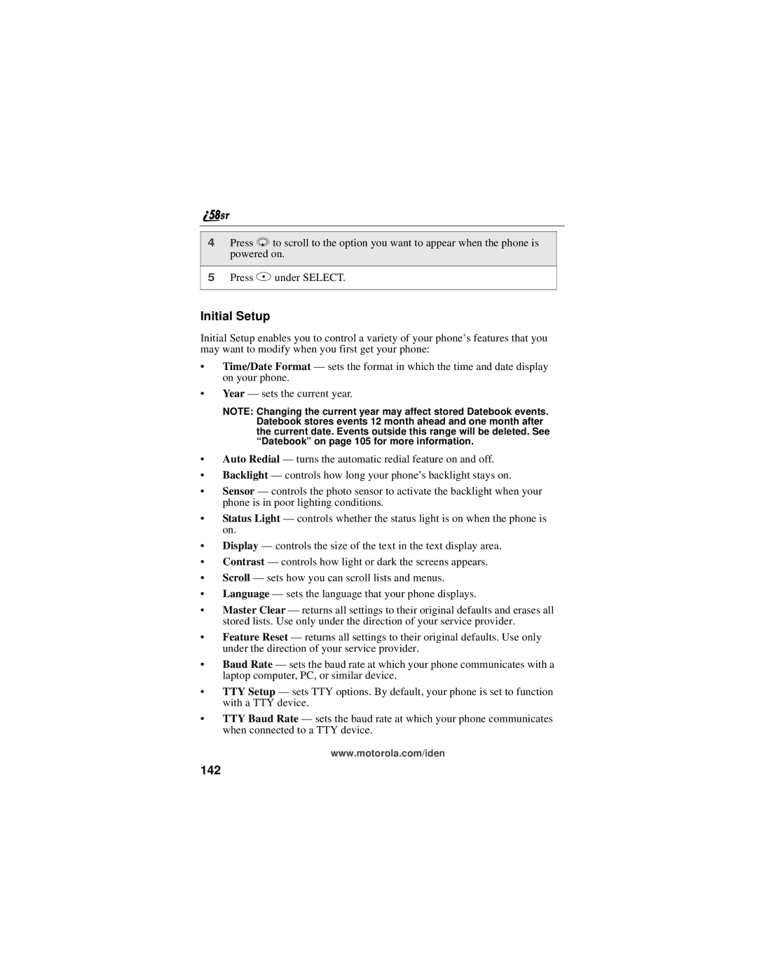 Motorola i58sr manual Initial Setup, 142 