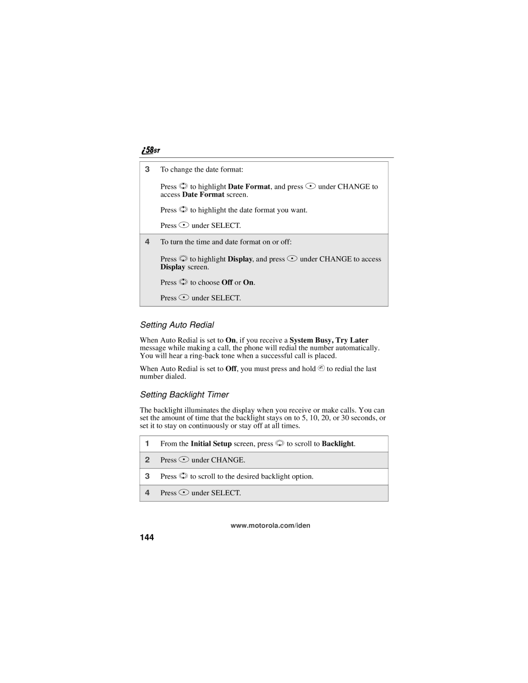 Motorola i58sr manual Setting Auto Redial, Setting Backlight Timer, 144 