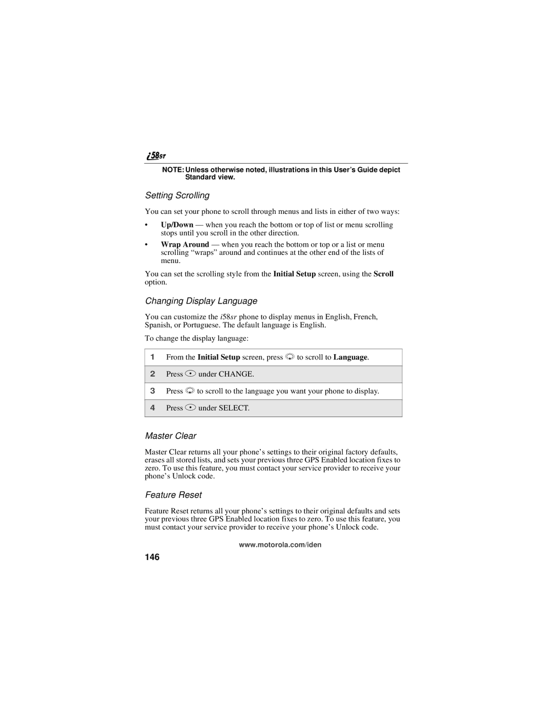 Motorola i58sr manual Setting Scrolling, Changing Display Language, Master Clear, Feature Reset, 146 