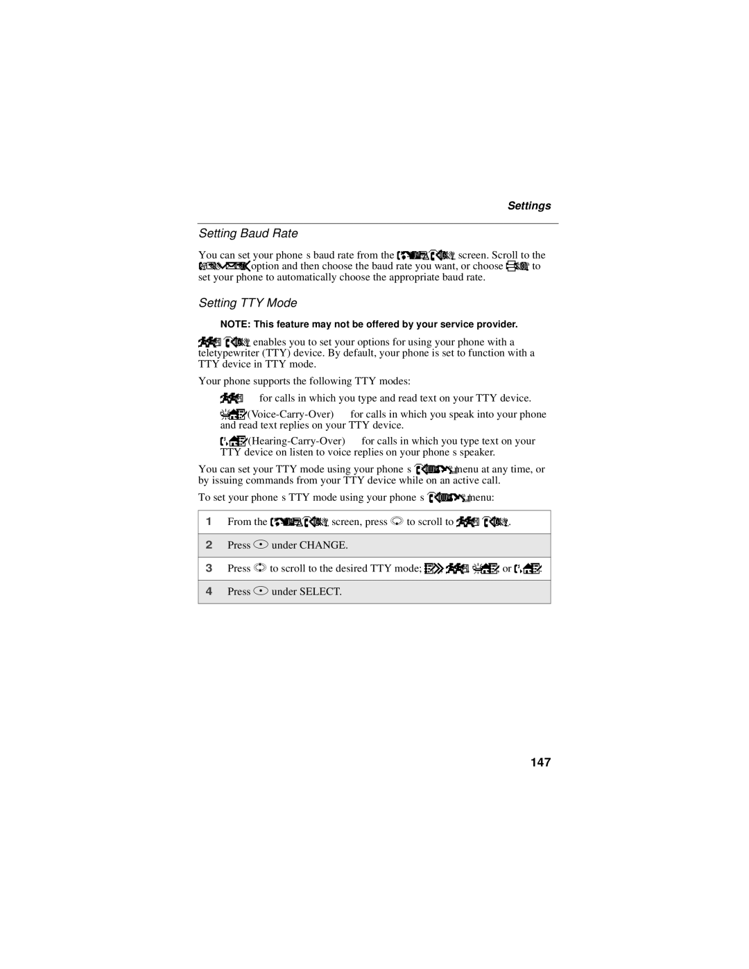 Motorola i58sr manual Setting Baud Rate, Setting TTY Mode, 147 