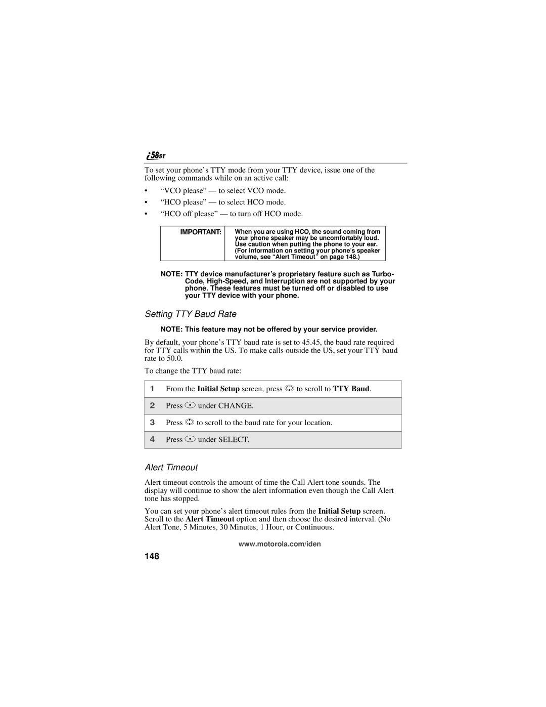 Motorola i58sr manual Setting TTY Baud Rate, Alert Timeout, 148 