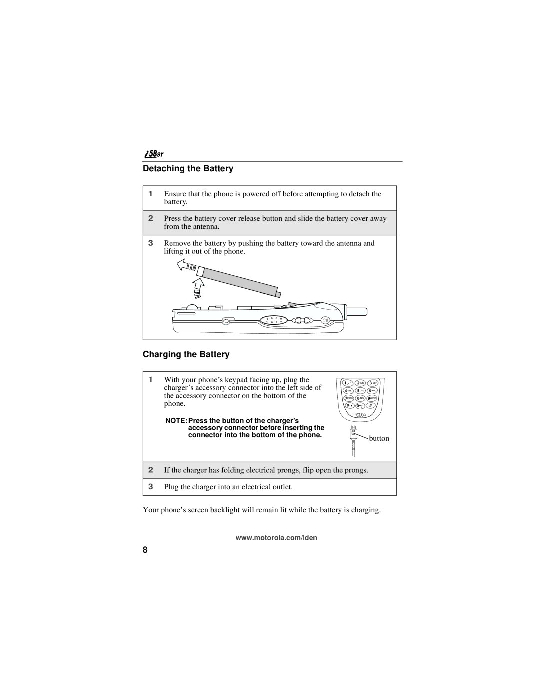 Motorola i58sr manual Detaching the Battery, Charging the Battery 