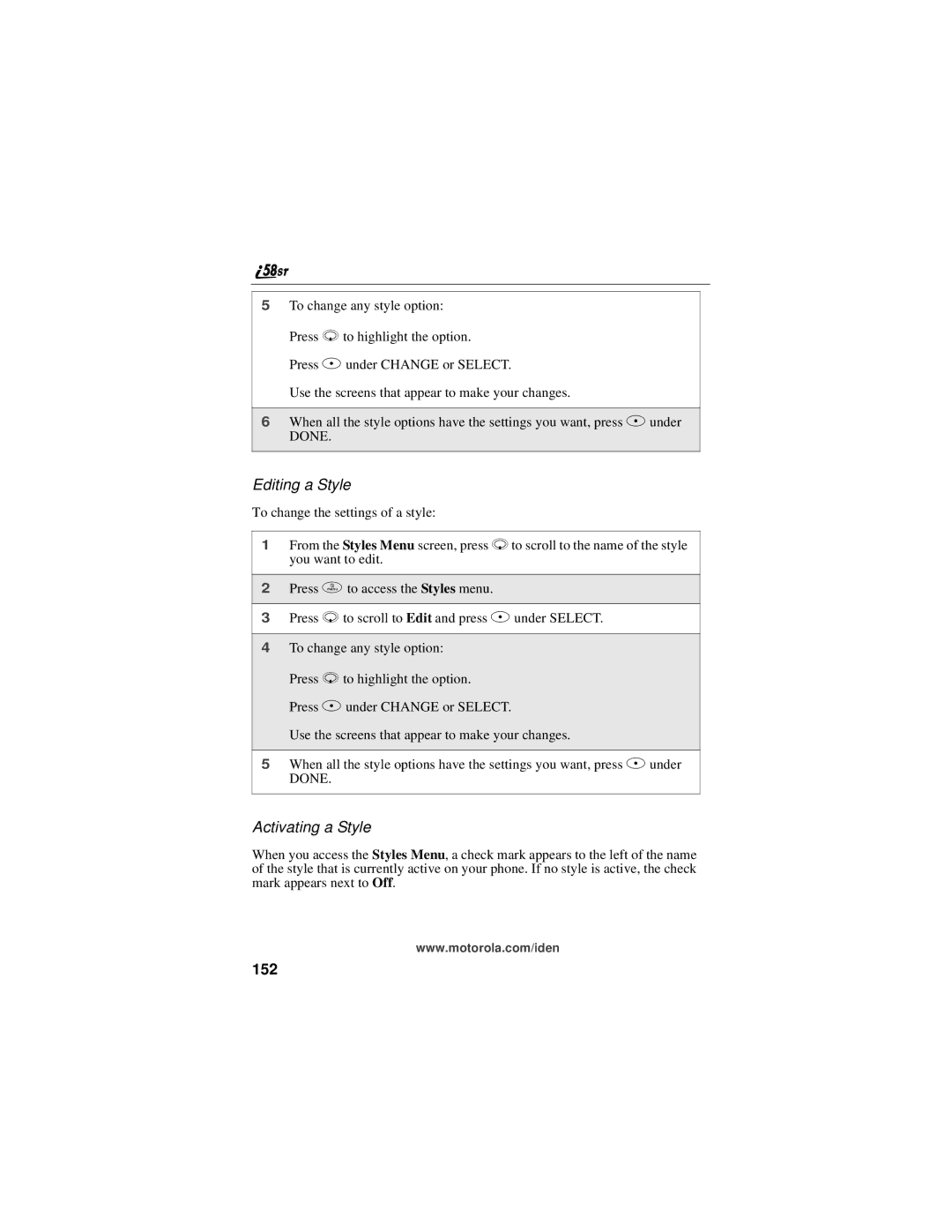 Motorola i58sr manual Editing a Style, Activating a Style, 152 