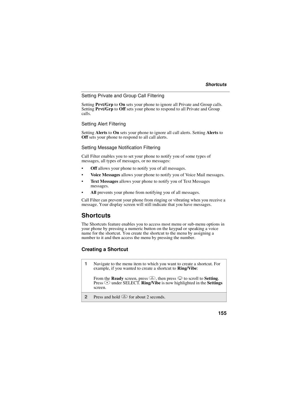 Motorola i58sr manual Shortcuts, Creating a Shortcut, 155 