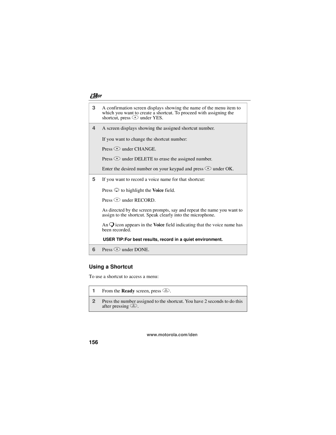 Motorola i58sr manual Using a Shortcut, 156 