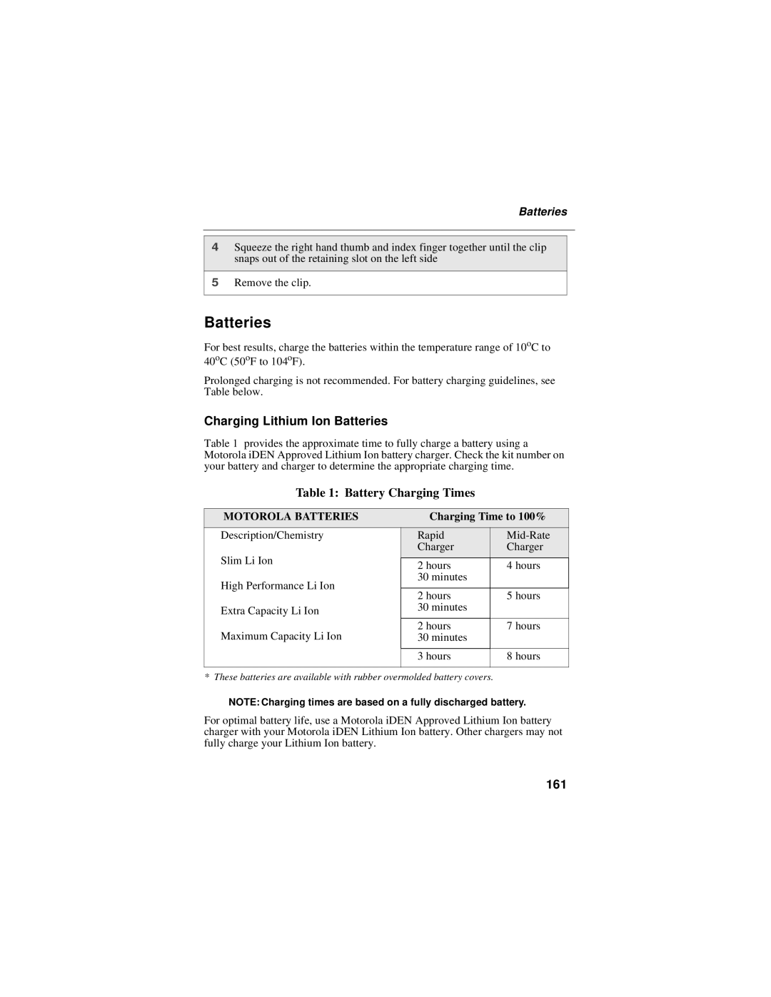 Motorola i58sr manual Charging Lithium Ion Batteries, 161, Charging Time to 100% 