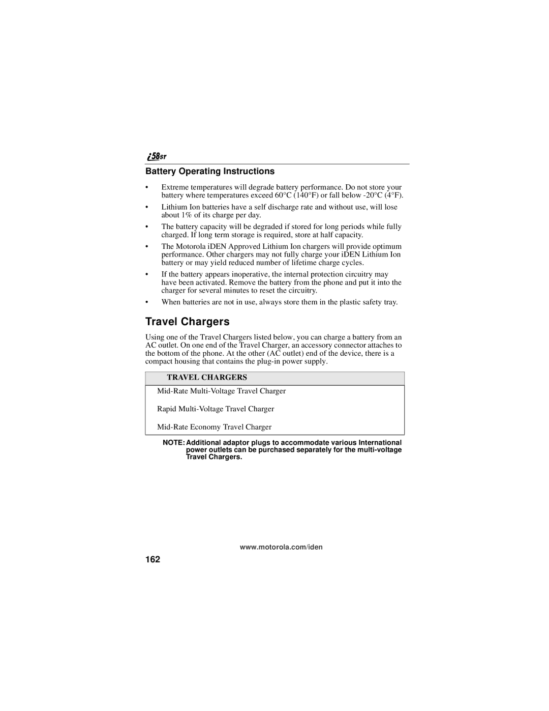 Motorola i58sr manual Travel Chargers, Battery Operating Instructions, 162 