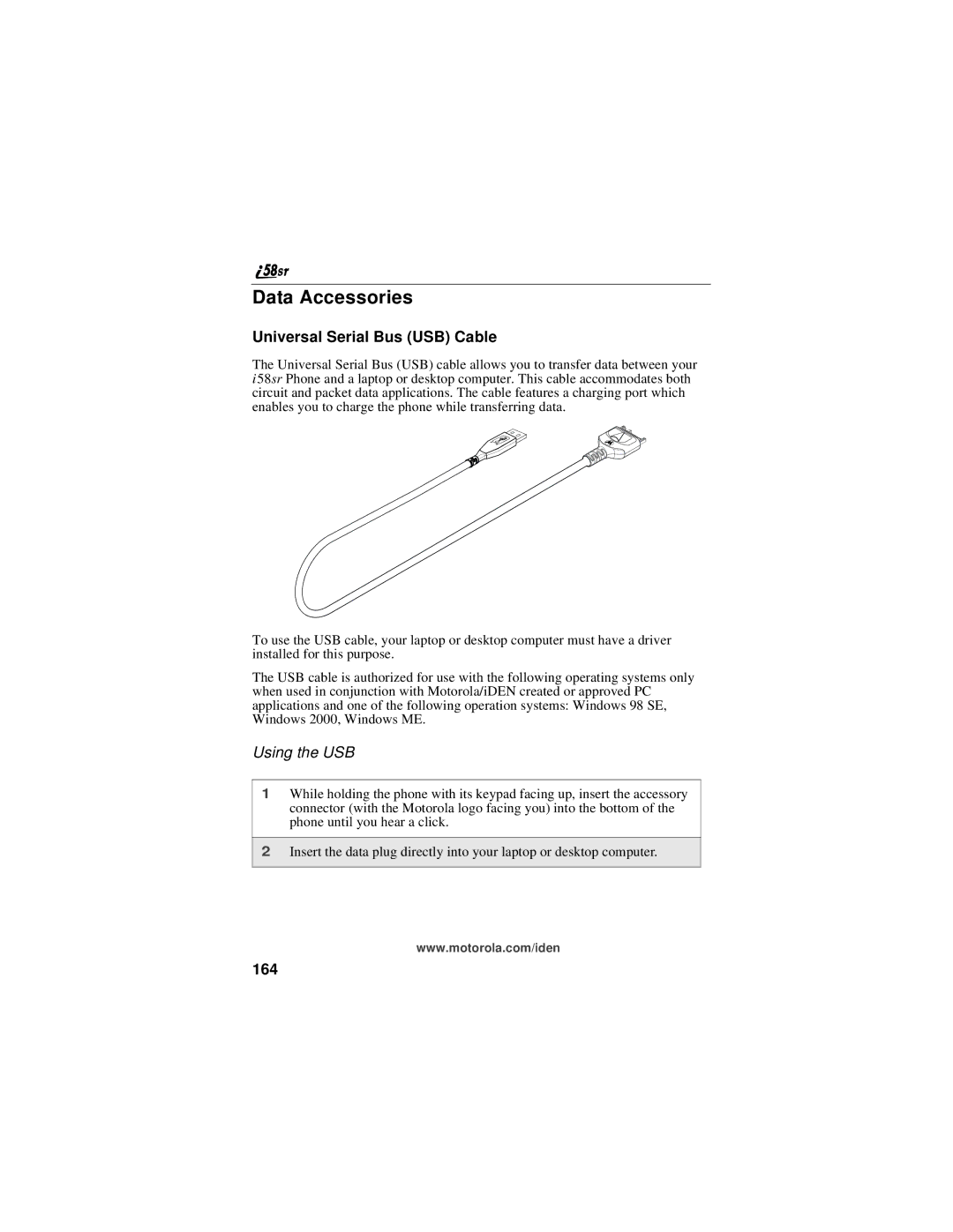 Motorola i58sr manual Data Accessories, Universal Serial Bus USB Cable, Using the USB, 164 