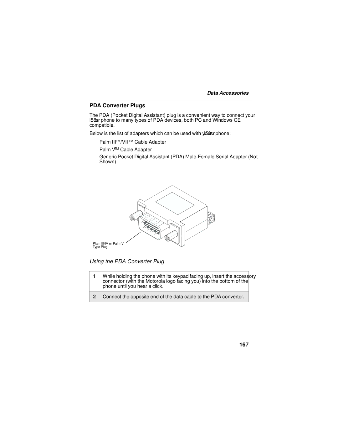 Motorola i58sr manual PDA Converter Plugs, Using the PDA Converter Plug, 167 