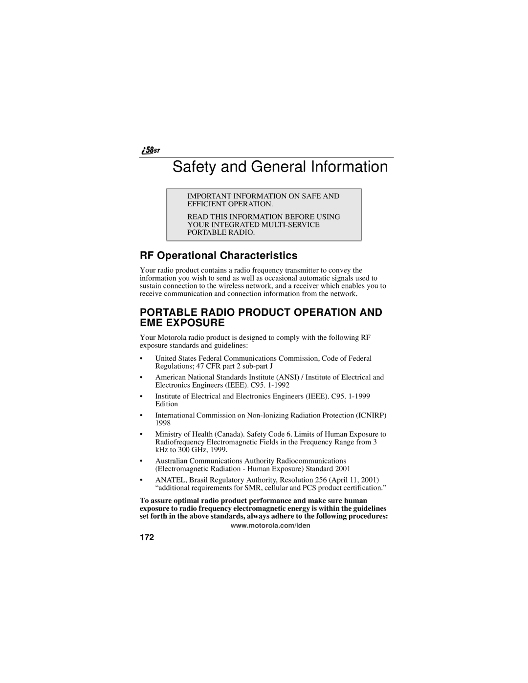 Motorola i58sr manual Safety and General Information, RF Operational Characteristics, 172 