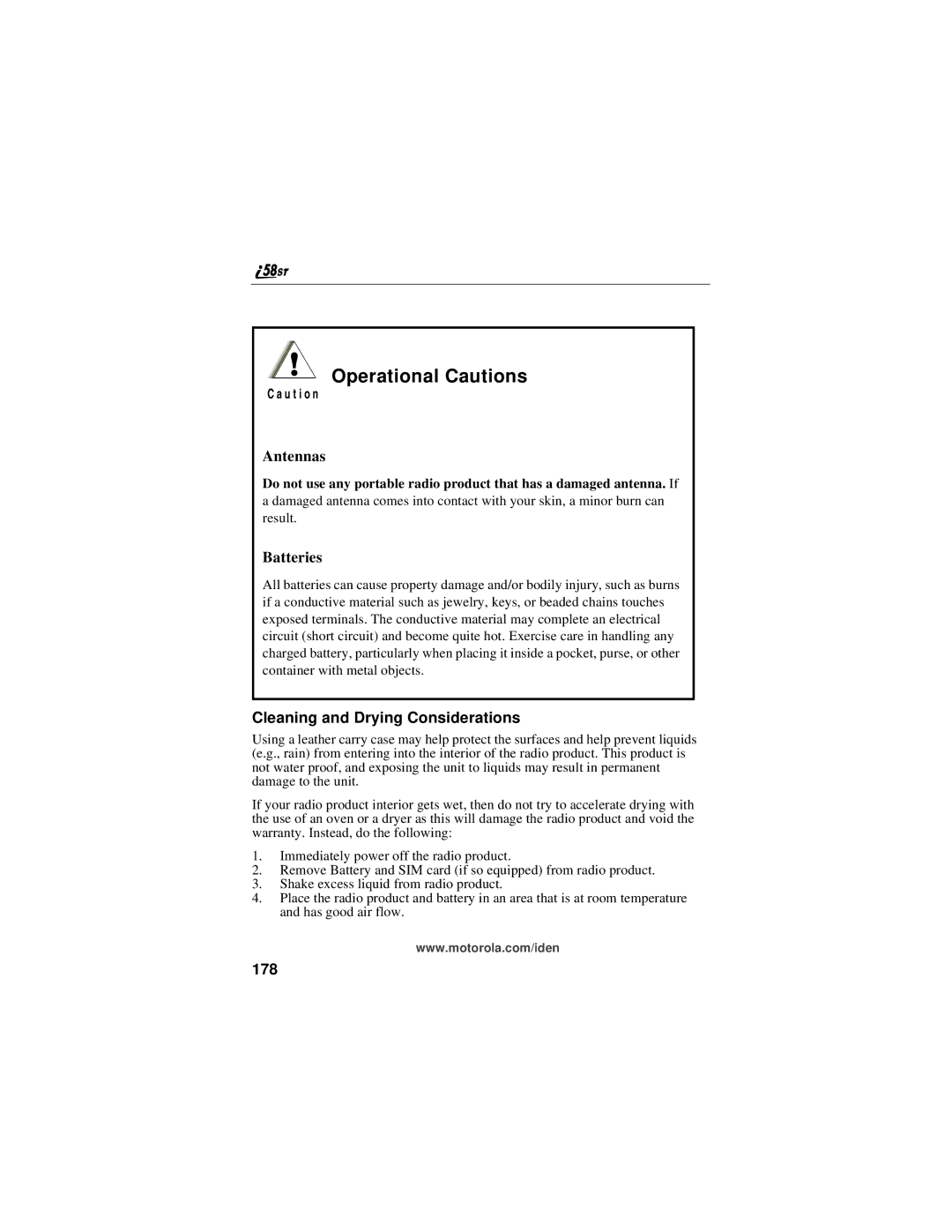 Motorola i58sr manual Operational Cautions, Cleaning and Drying Considerations, 178 