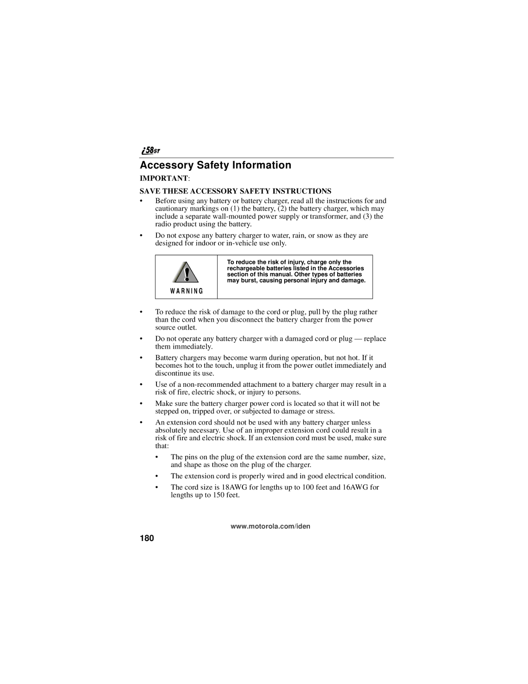 Motorola i58sr manual Accessory Safety Information, 180 