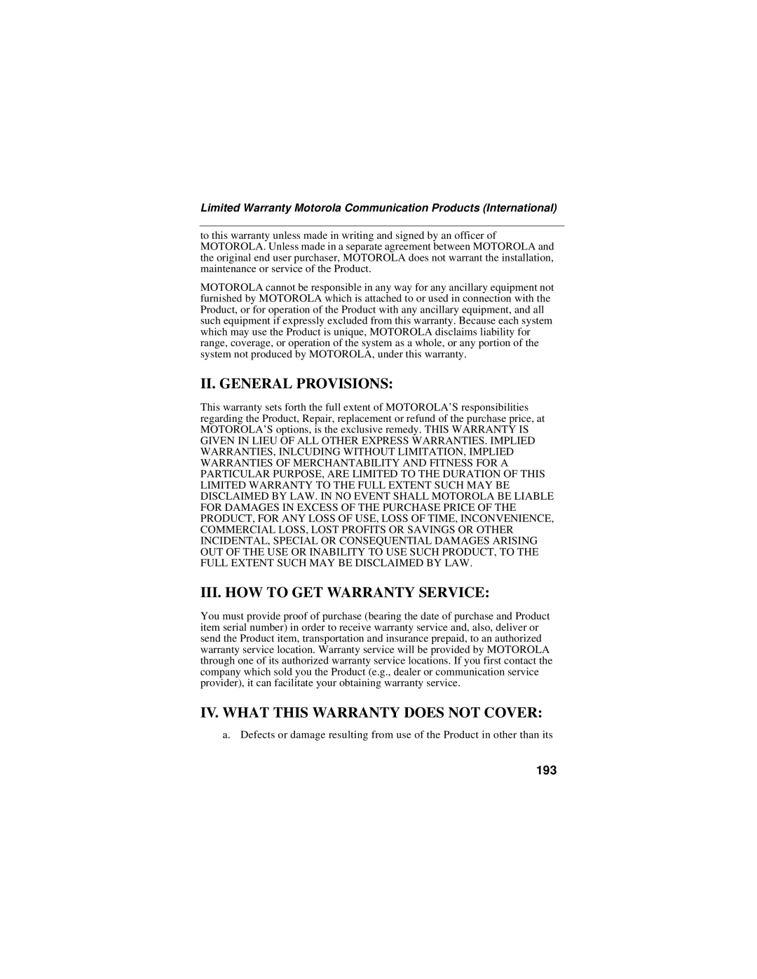 Motorola i58sr manual III. HOW to GET Warranty Service, 193 