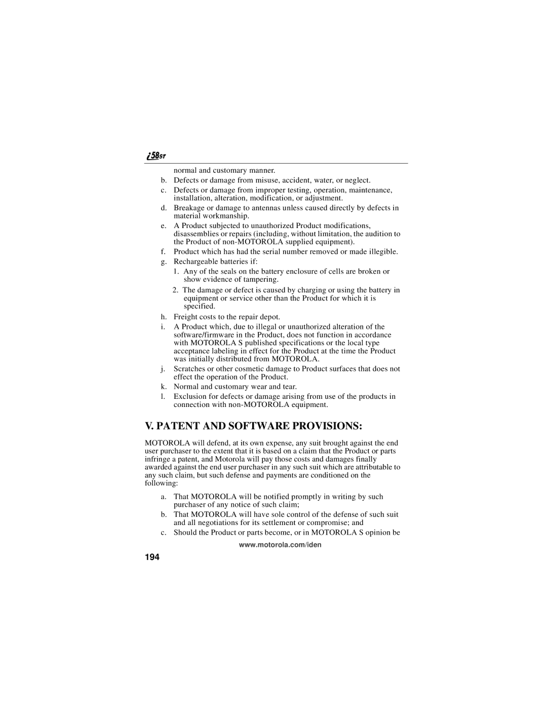 Motorola i58sr manual Patent and Software Provisions, 194 