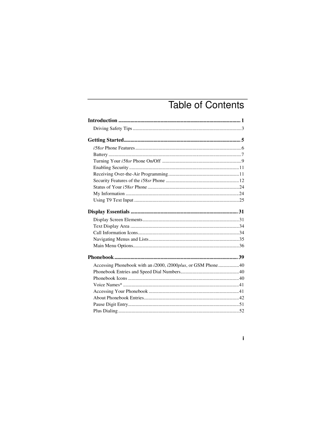 Motorola i58sr manual Table of Contents 