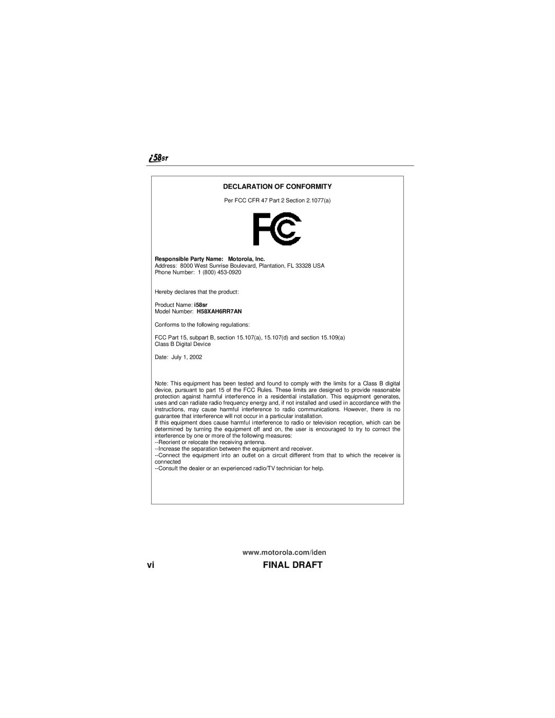 Motorola i58sr manual Final Draft 