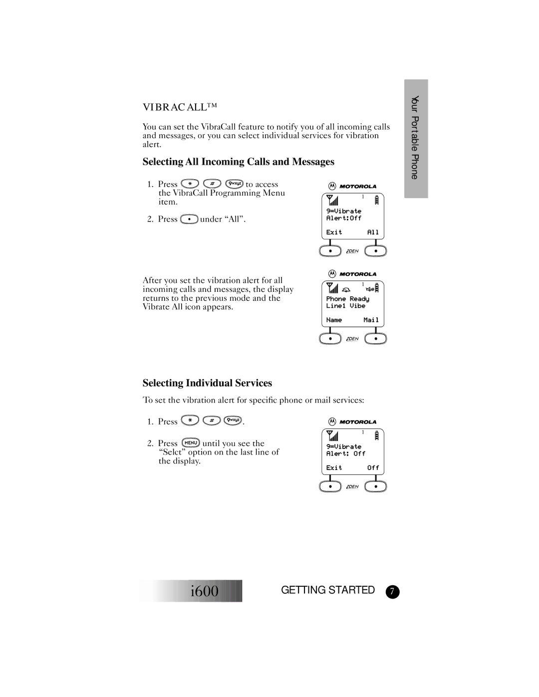 Motorola I600 manual Vibracalltm, Selecting All Incoming Calls and Messages, Selecting Individual Services 