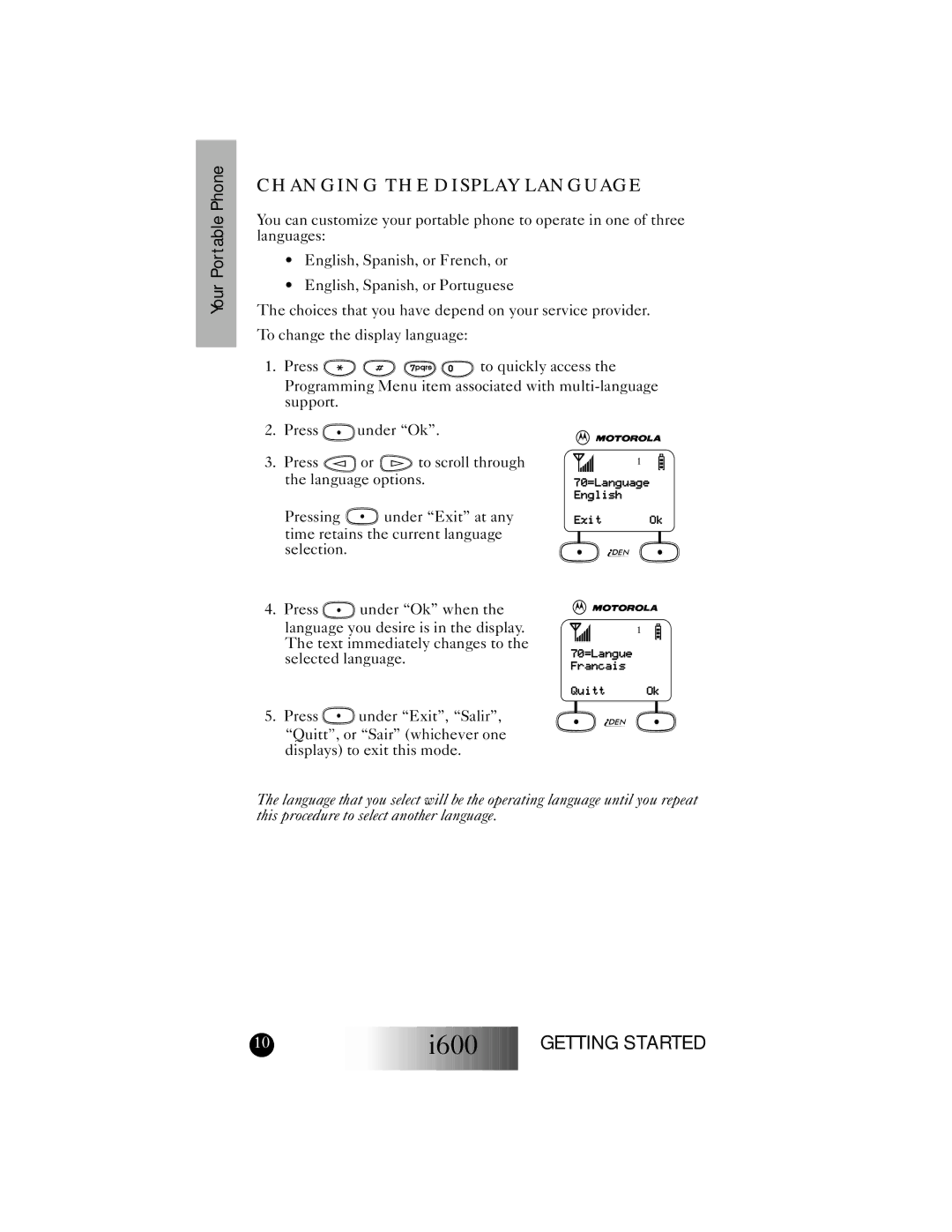 Motorola I600 manual Changing the Display Language 