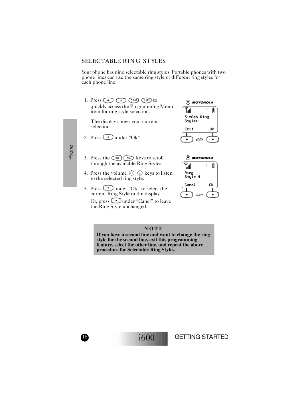 Motorola I600 manual Phone, Selectable Ring Styles 