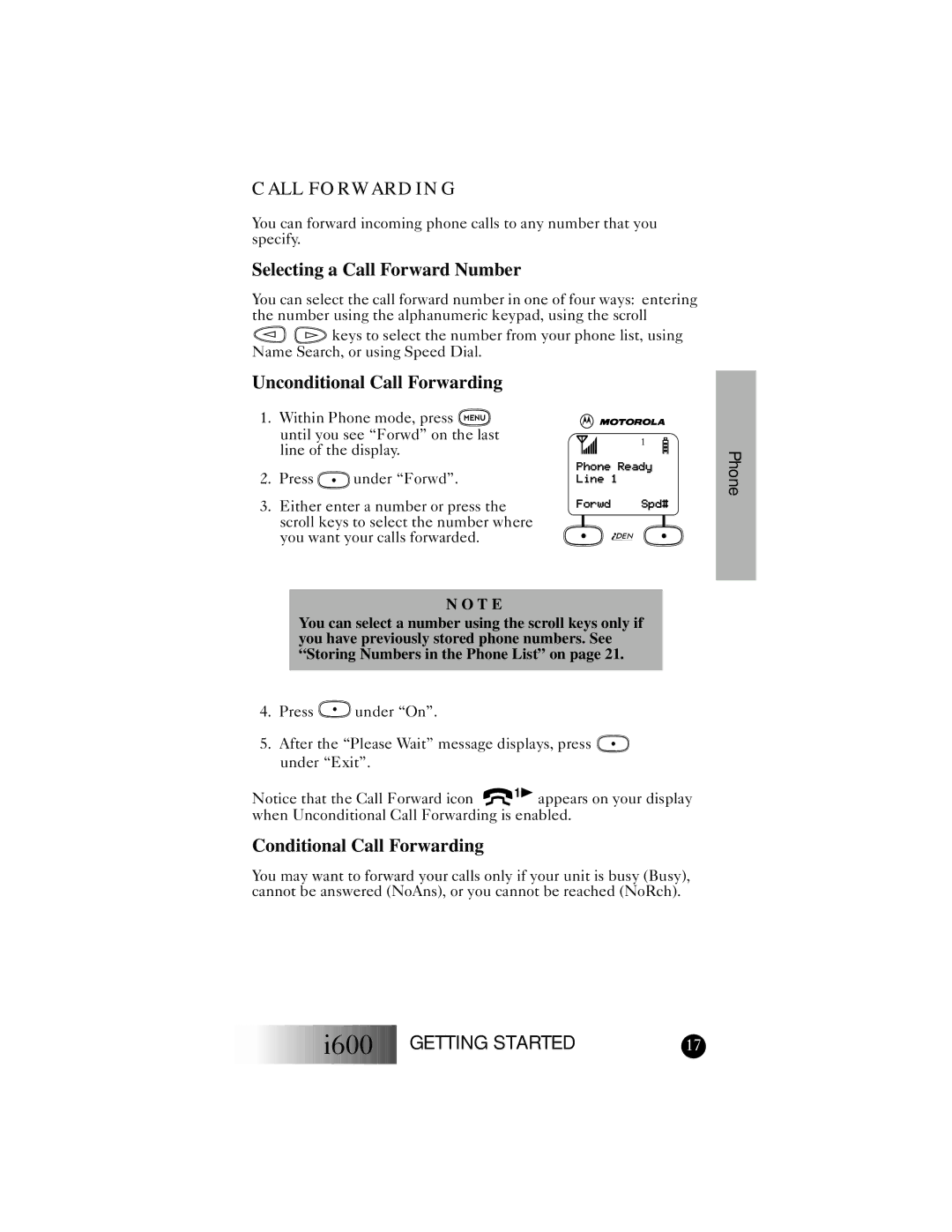 Motorola I600 manual Selecting a Call Forward Number, Unconditional Call Forwarding, Conditional Call Forwarding 