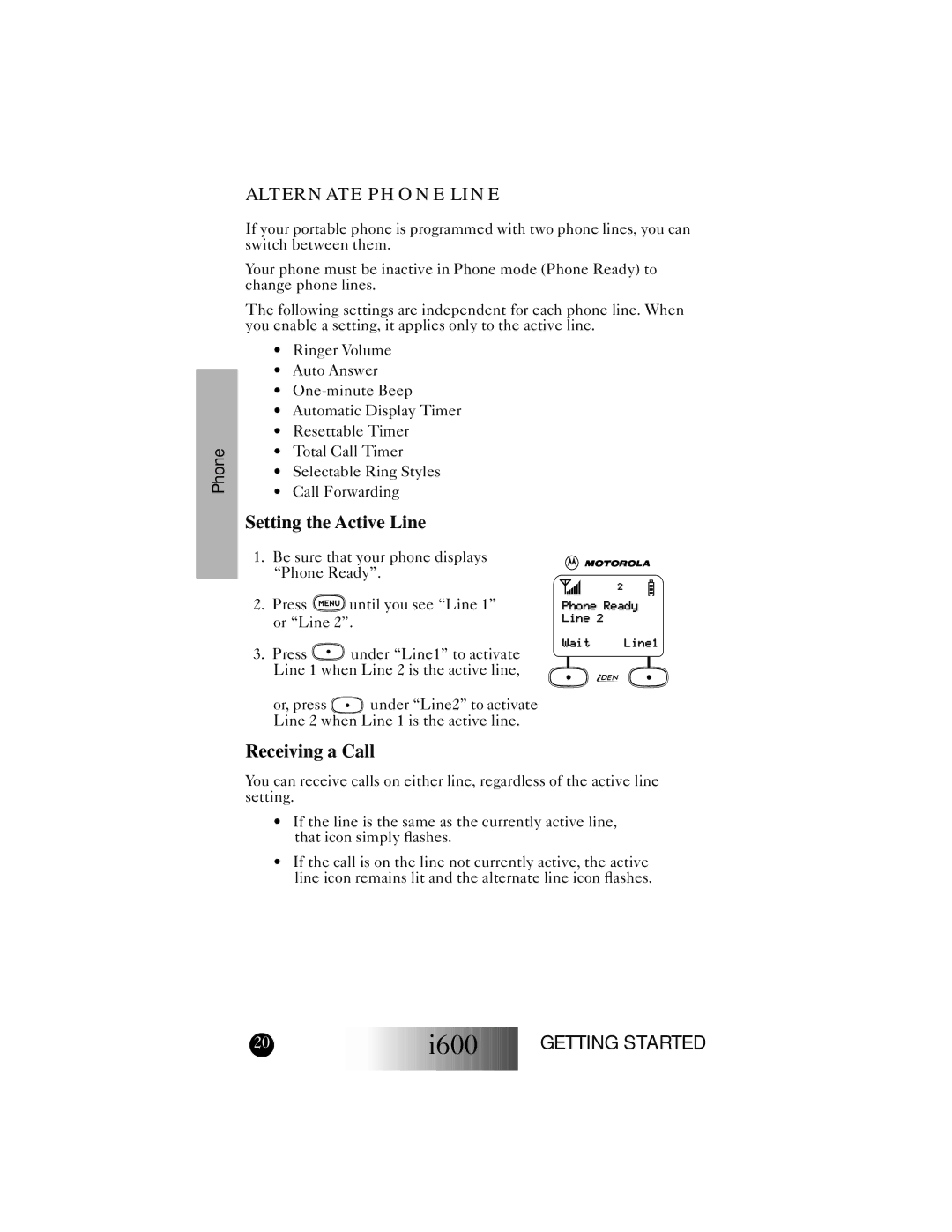 Motorola I600 manual Alternate Phone Line, Setting the Active Line, Receiving a Call 