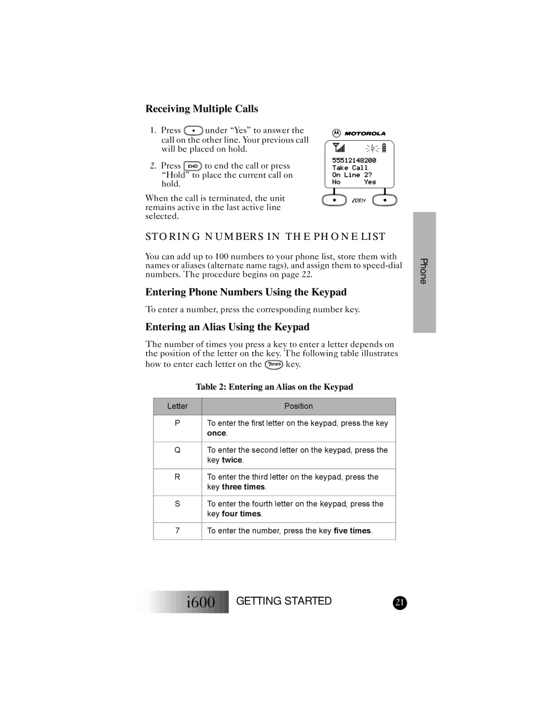 Motorola I600 manual Receiving Multiple Calls, Storing Numbers in the Phone List, Entering Phone Numbers Using the Keypad 