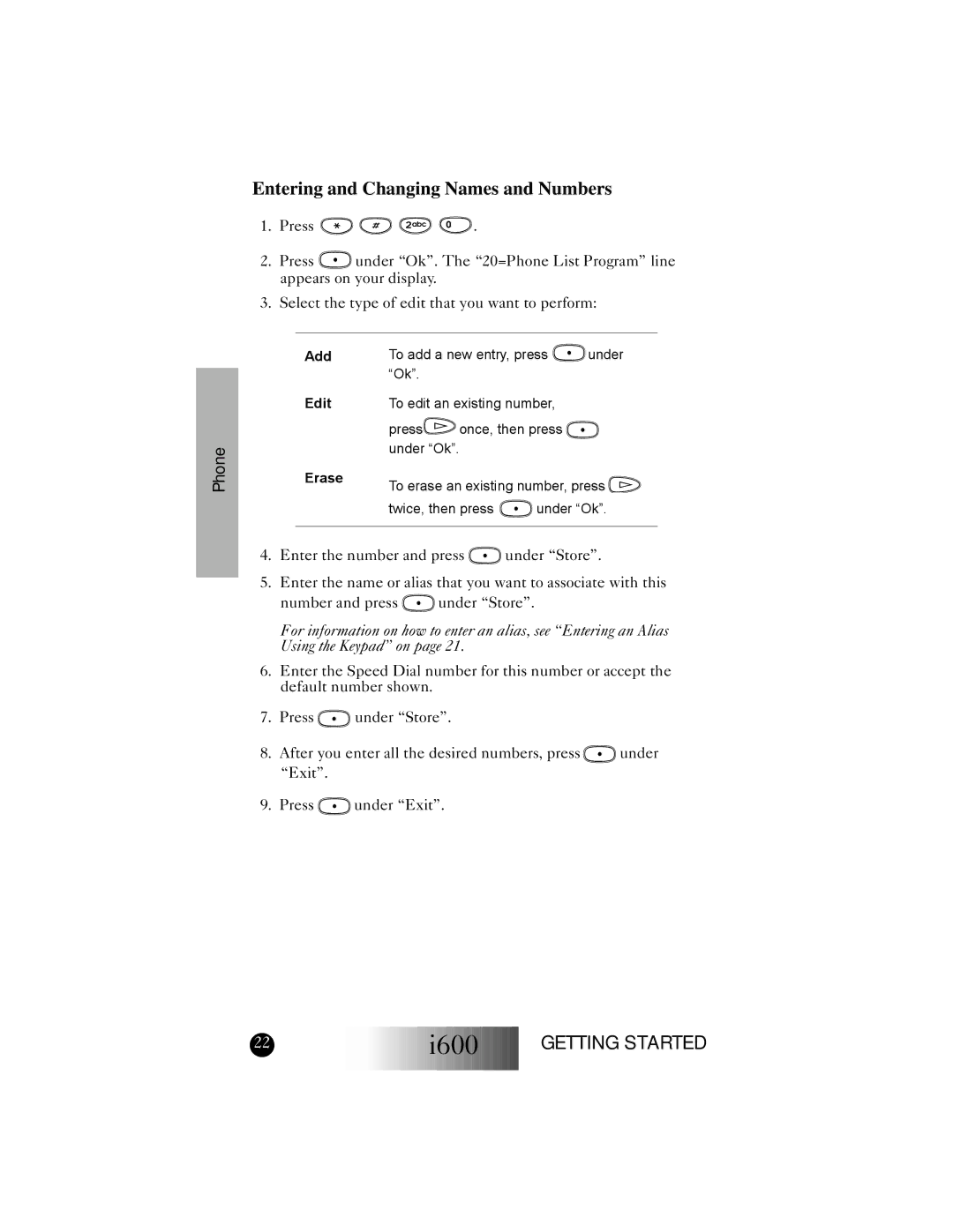 Motorola I600 manual Entering and Changing Names and Numbers, Edit 