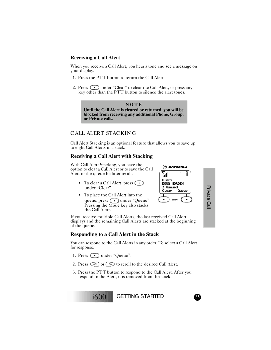 Motorola I600 manual Call Alert Stacking, Receiving a Call Alert with Stacking, Responding to a Call Alert in the Stack 