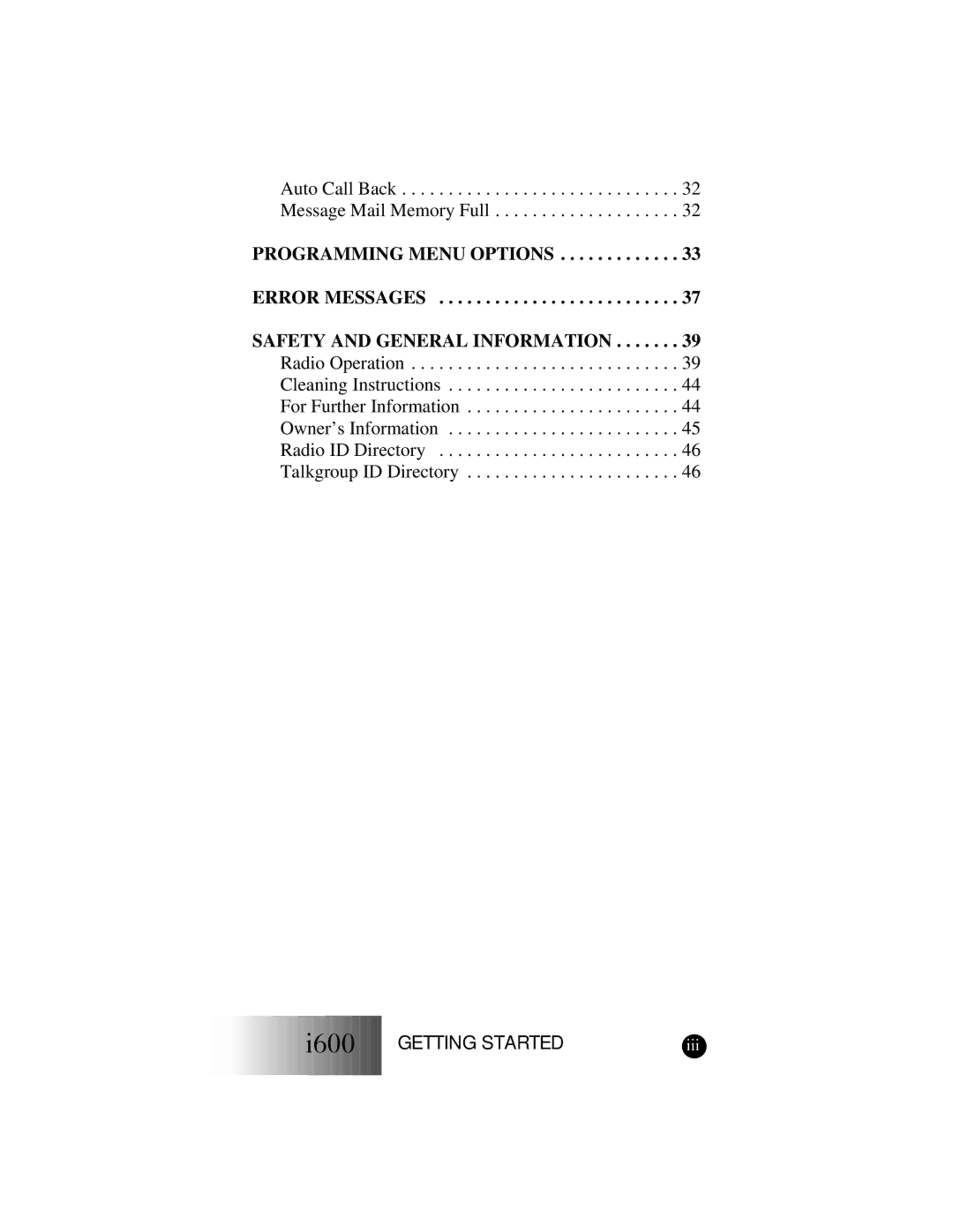 Motorola I600 manual Programming Menu Options Error Messages, Safety and General Information 