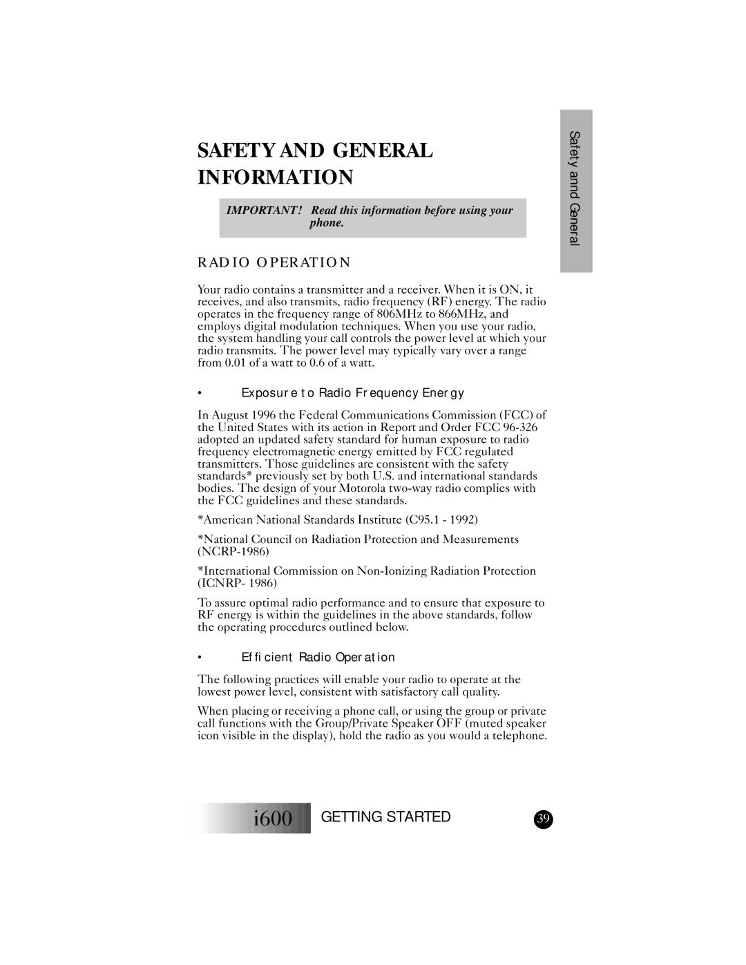 Motorola I600 manual Safety and General Information, Radio Operation 