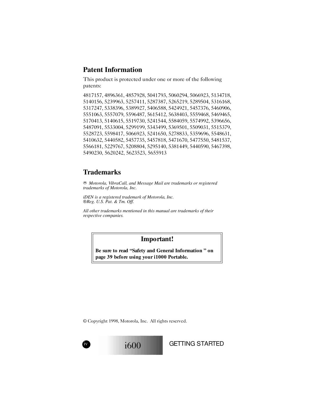 Motorola I600 manual Patent Information 