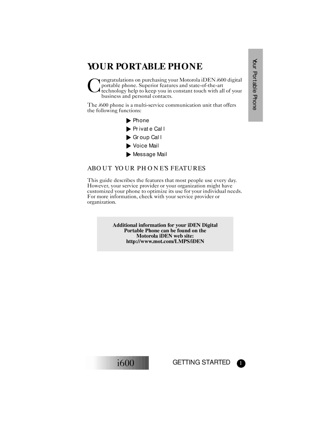 Motorola I600 manual Your Portable Phone, About Your PHONE’S Features 