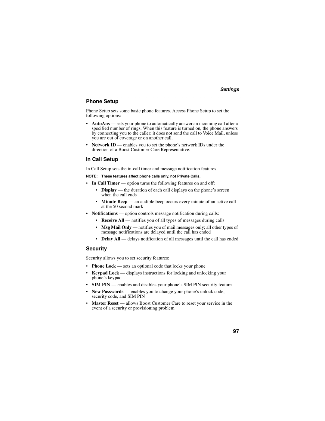 Motorola i60c manual Phone Setup, Call Setup, Security 