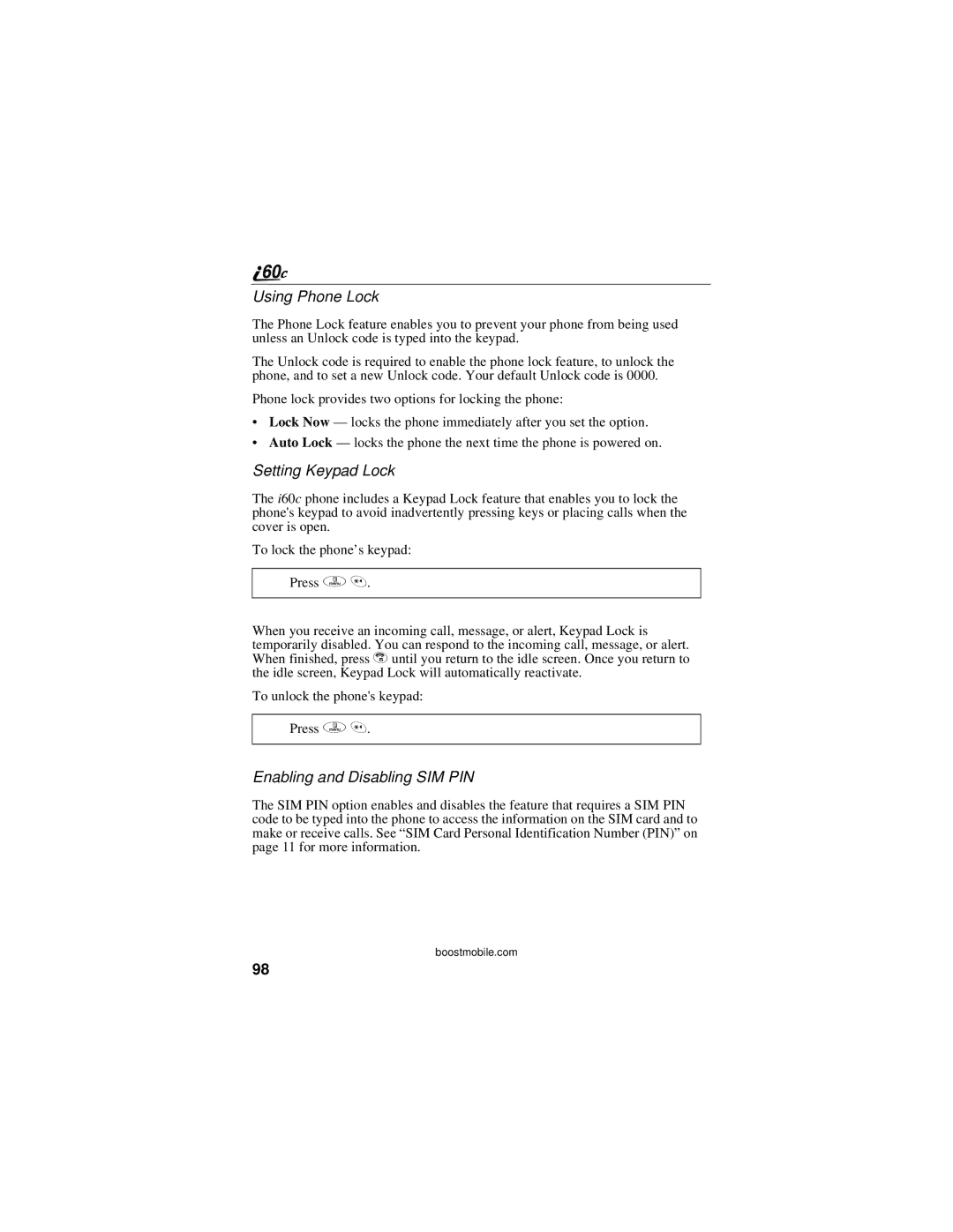 Motorola i60c manual Using Phone Lock, Setting Keypad Lock, Enabling and Disabling SIM PIN 