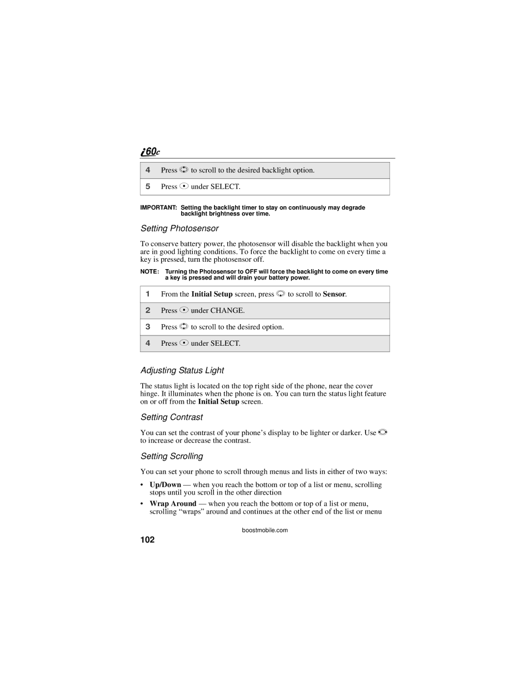 Motorola i60c manual Setting Photosensor, Adjusting Status Light, Setting Contrast, Setting Scrolling, 102 