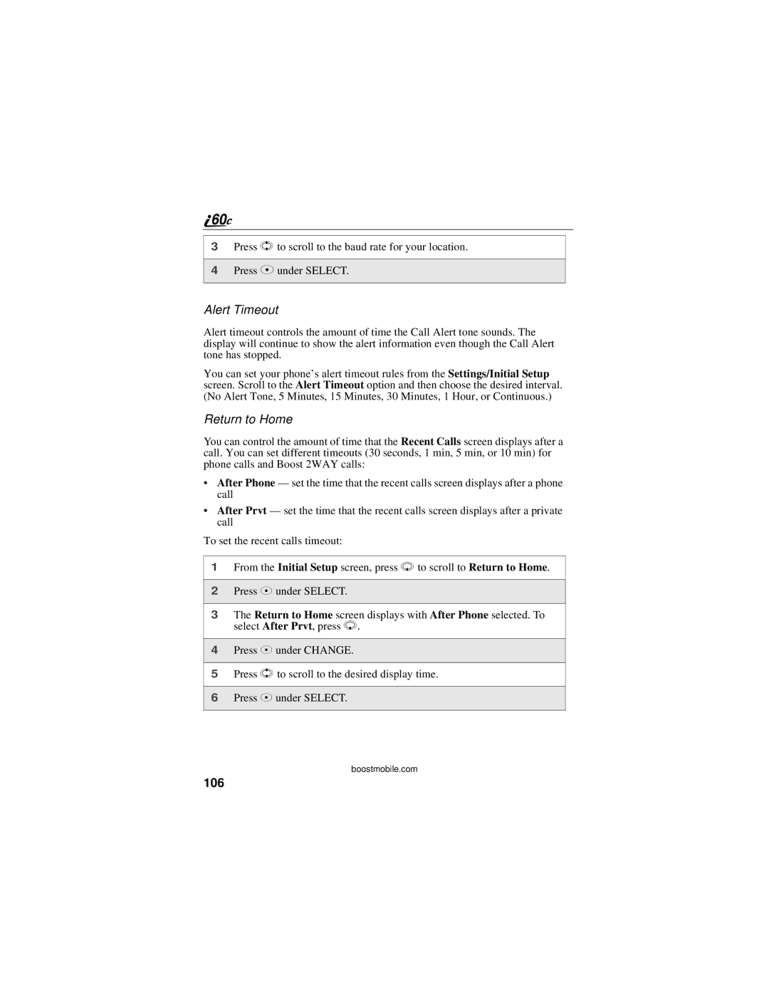 Motorola i60c manual Alert Timeout, Return to Home, 106 