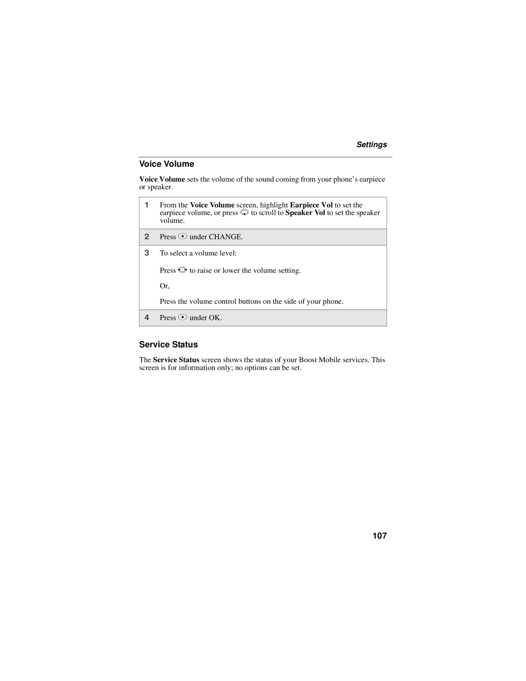 Motorola i60c manual Voice Volume, Service Status, 107 