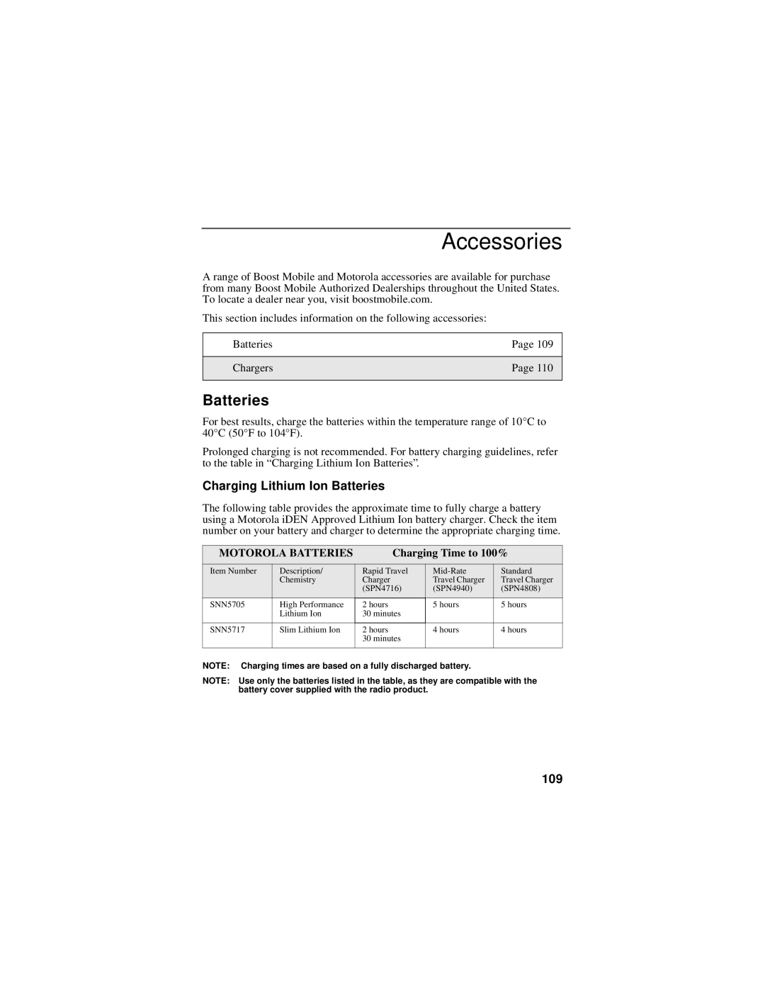 Motorola i60c manual Accessories, Charging Lithium Ion Batteries, 109, Charging Time to 100% 